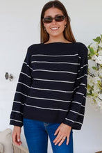 Load image into Gallery viewer, Navy &amp; White Stripe Knit Boatneck Jumper
